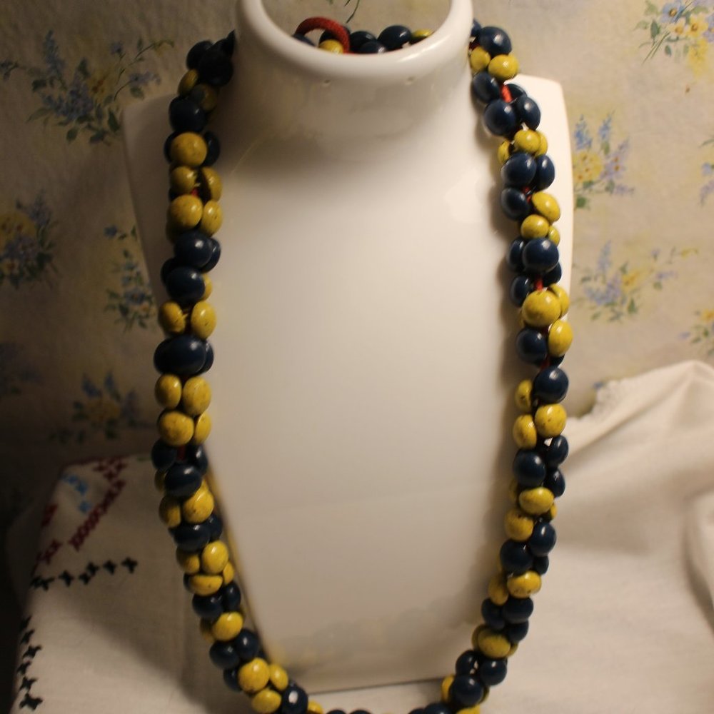 Vintage Pretty Mustard and Blue Beaded Necklace Multi Layered